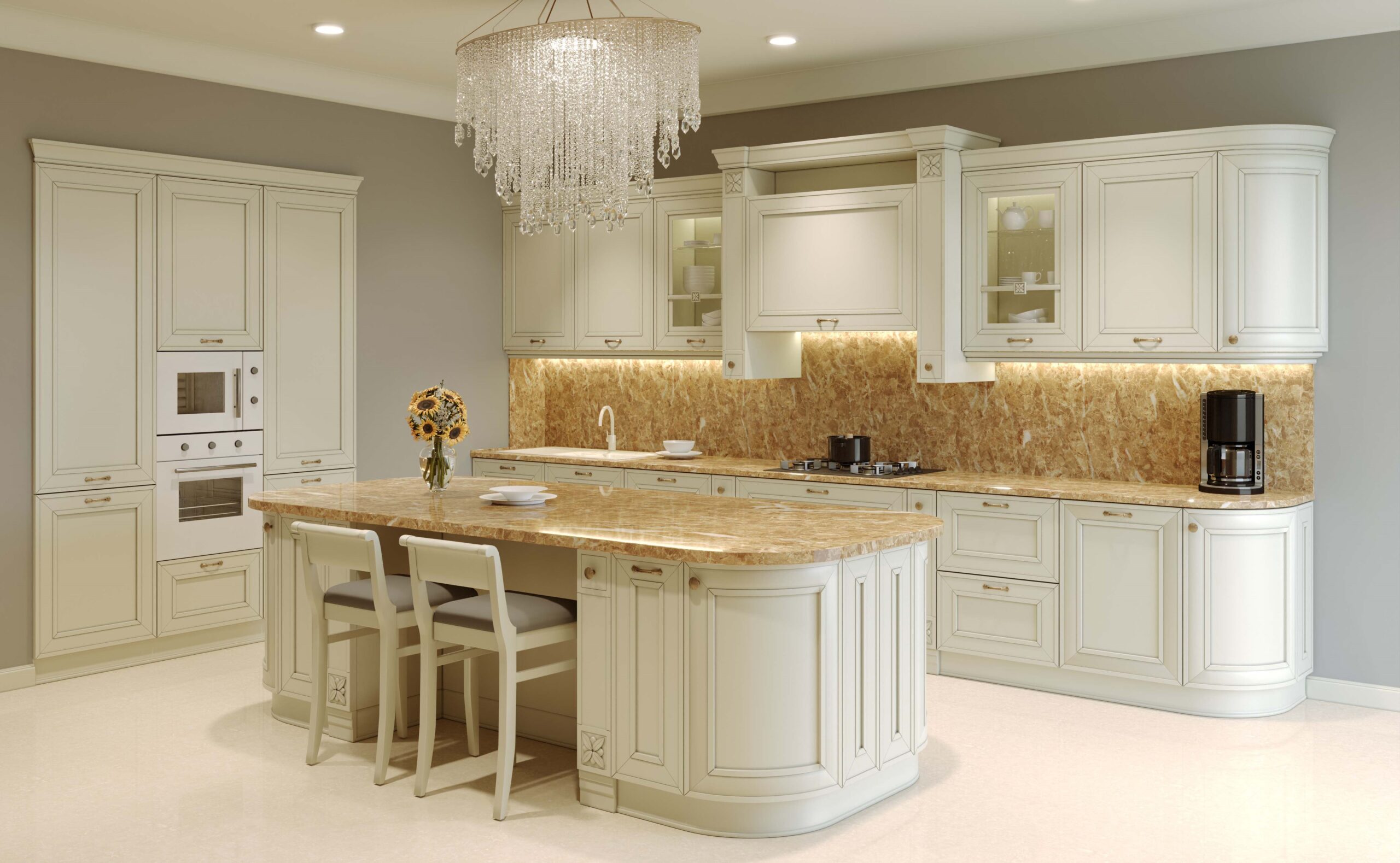 A set of kitchen aprons made of stone. Pastel kitchen with island and chandelier. 3D rendering.