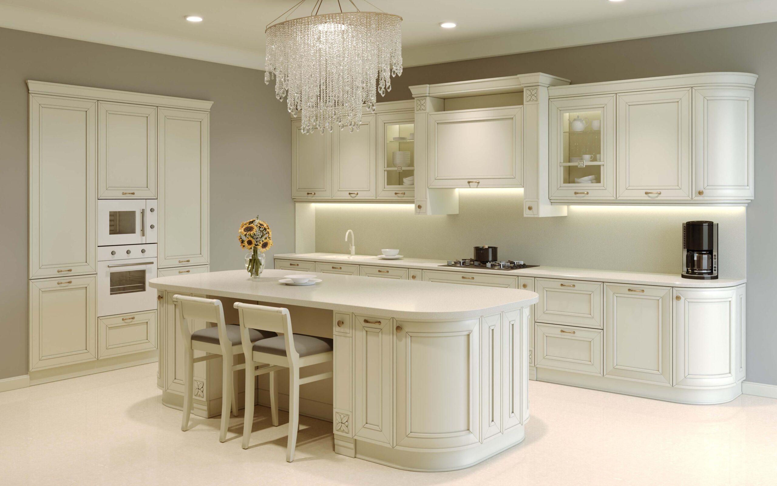 A set of kitchen aprons made of stone. Pastel kitchen with island and chandelier. 3D rendering.