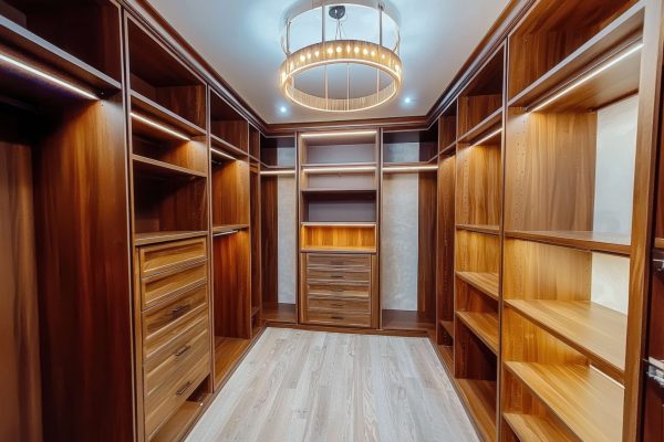 Discover a stunning walk-in closet featuring vibrant wooden shelves, elegant lighting, and spacious storage that enhances any home interior design.