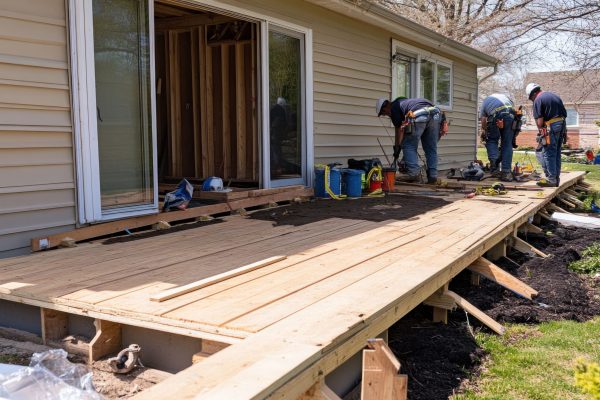 Workers are constructing a wooden deck attached to the side of the house. --ar 16:9 --v 6.1 Job ID: b6230764-f28b-46af-8c24-027f81c62d13